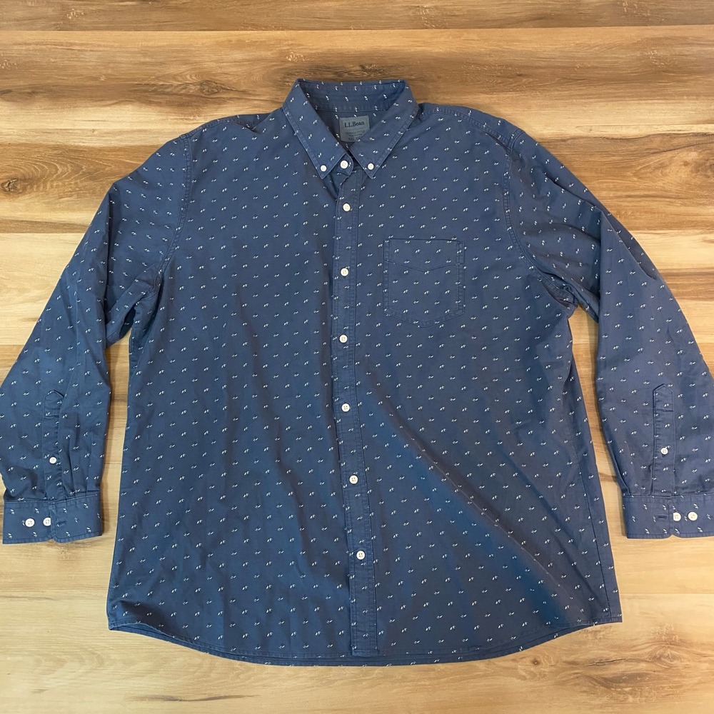 LL Bean Shirt Mens XXL REG Blue Button Down Long Sleeve Slightly Fitted Fly Fish - Picture 2 of 9
